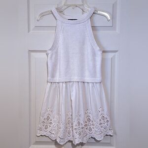 'A Pea in the Pod' white maternity dress, sleeveless, knit & lace Sz. M